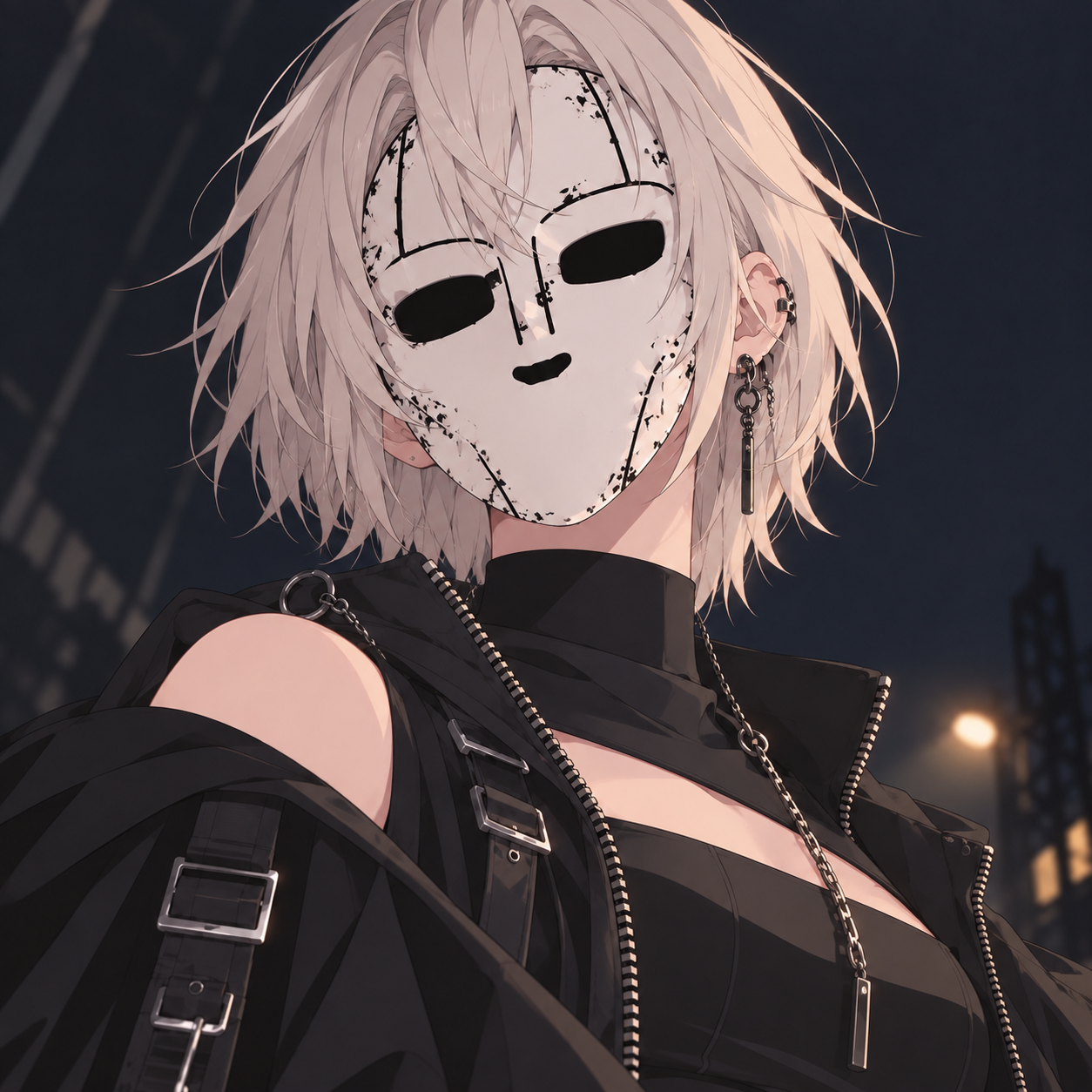 Maskchan wearing a weathered white mask at night
